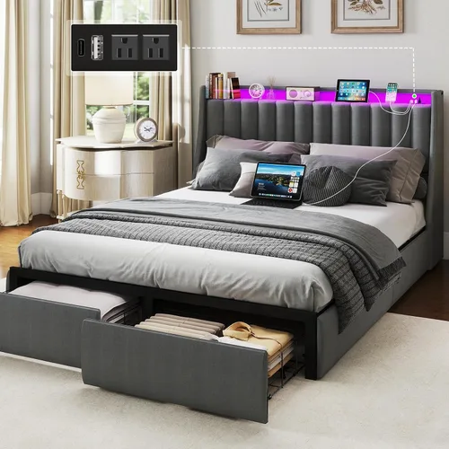 Vista 18 de SADENICEL Full Size Bed Frame with 4 Storage Drawer, Full Bed Frame, Grey