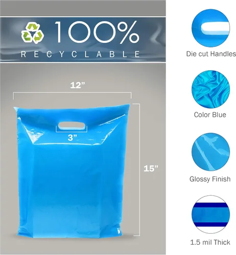 Vista 2 de PPB - Bolsas de plástico azul de 12 x 15 pulgadas, acabado brillante, tamaño mediano al por menor, paquete de 100 unidades, 1.5 mil de grosor