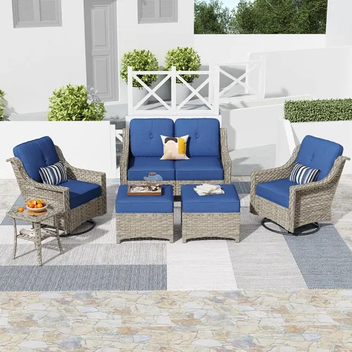 Vista 8 de HOOOWOOO Sofá de patio de 3 plazas de mimbre para exteriores, resistente a todo tipo de clima, con respaldo alto, muebles a juego (beige y bronceado)