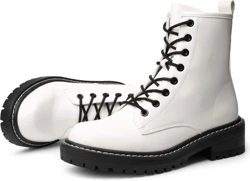 Vista 8 de ICHIGO Botines al tobillo de moda para mujer, botas de combate con 8 ojales, cremallera lateral y cordones