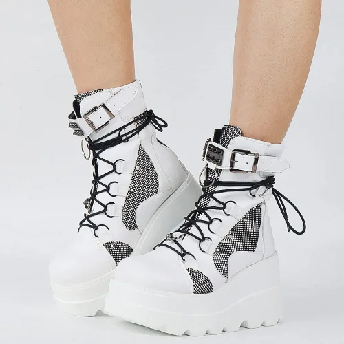 Vista 7 de Tscoyuki Botines de plataforma para mujer botines de tacón alto gruesos botas de combate góticas botas de combate para mujer con cordones cuñas