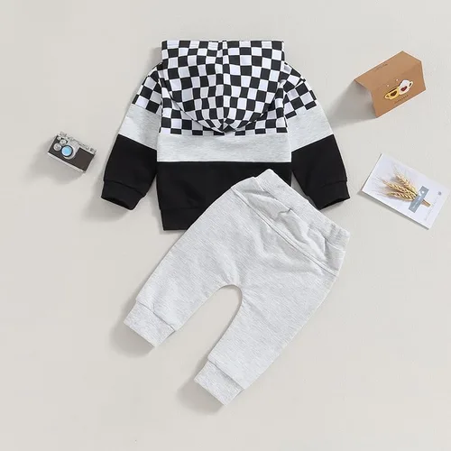 Vista 2 de Ropa para bebé recién nacido, con bloques de color, sudadera con capucha, conjuntos de ropa de otoño e invierno, 0-3T