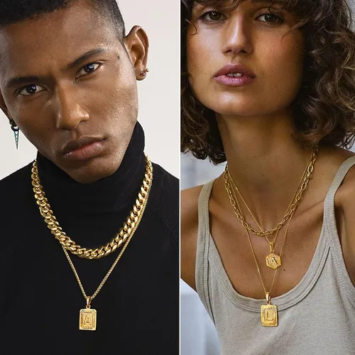 Vista 7 de U7 Collar con monograma A-Z 26 letras colgantes chapado en oro de 18 quilates, chapado en platino, collares cuadrados con inicial mayúscula