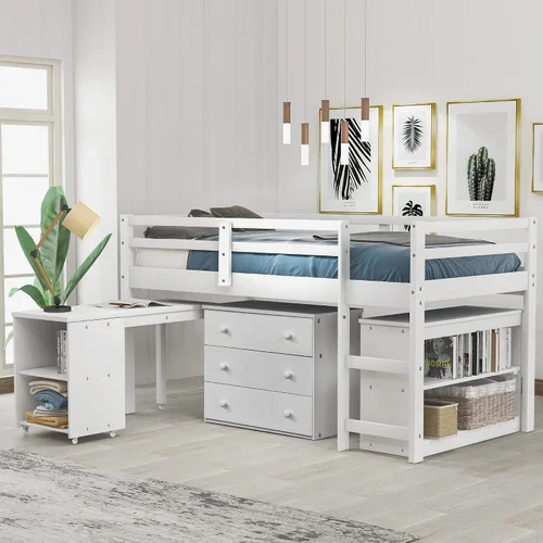 Vista 13 de Base de cama baja de madera con escritorio portátil rodante, cama alta individual con armario abierto y cajones, cama baja con estante para niños