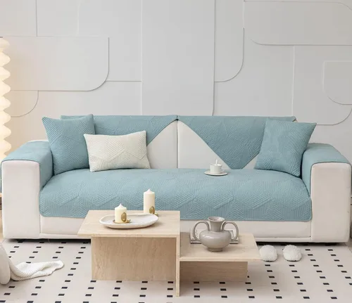 Vista 2 de vctops Funda de sofá de estilo granja de color sólido con bordado, funda de sofá seccional acolchada de algodón, funda de sofá lavable