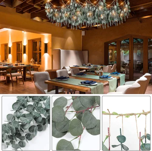 Vista 4 de Plantas artificiales de eucalipto para decoración de pared, vegetación artificial para colgar en la pared, hojas falsas de eucalipto grandes