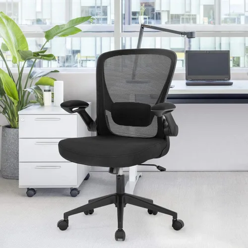 Vista 2 de Silla ergonómica de malla para oficina, con respaldo lumbar, giratoria, con ruedas, ejecutiva, con brazos y respaldo medio ajustable, para Negro