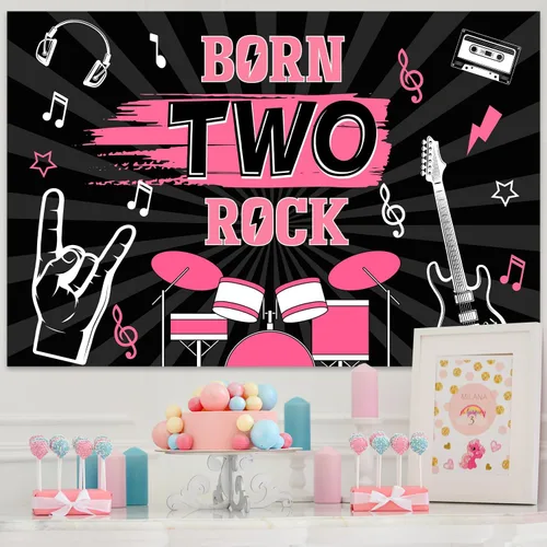 Vista 3 de 77 piezas de decoraciones de cumpleaños Born Two Rock para niñas, decoración de fiesta de segundo cumpleaños de Rock and Roll, telón de fondo de Rosa