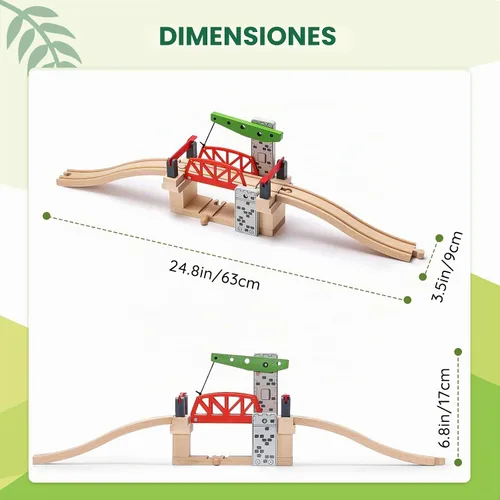 Vista 6 de SainSmart Jr. Juego de accesorios de tren de madera, puente de elevación movible con riel para niños, compatible con Thomas, Brio, Chuggington