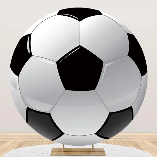 Vista 2 de AOFOTO Telón de fondo redondo con textura de pelota de fútbol de 5 x 5 pies, fondo redondo con patrón de pentágono blanco y negro, para niños