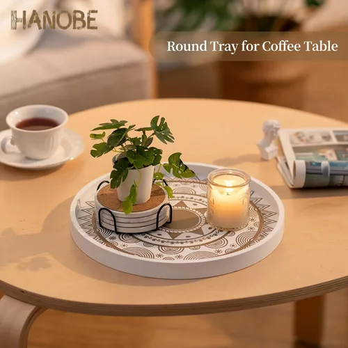Vista 3 de Hanobe Bandeja decorativa para mesa de centro: redonda bohemia para decoración del hogar, bandejas de madera de granja blancas, centro de mesa