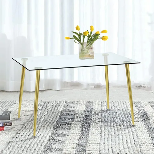 Vista 8 de Ebullient Mesa de comedor de cristal, mesa rectangular moderna de 51 pulgadas con amplia mesa de vidrio templado y patas de mesa de metal negro