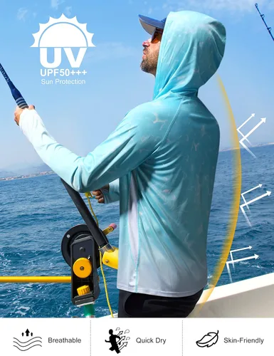 Vista 4 de Roadbox Men's Performance Fishing Hoodie, UPF 50+ UV Sun Protection Rash Guard, Outdoor Long Sleeve Water Hiking Swim Shirts