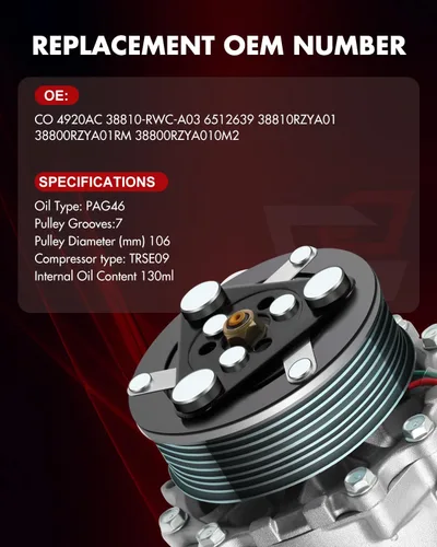 Vista 5 de Compresor de CA con embrague para Honda para CR-V 2.4L 2007-2015, para Acura para RDX 2.3L 2007-2012, para Honda para Civic 2012-2014, para Acura