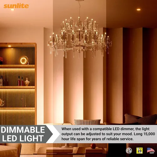 Vista 5 de Bombilla LED B11 decorativa para lámpara de techo Sunlite, 7 vatios (equivalente a 60 W), 500 lúmenes, 120 voltios, regulable, base E12, CRI 90