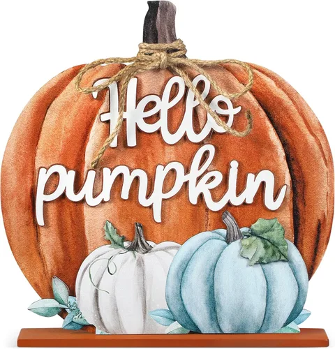 Vista 10 de Soaoo Decoración de Acción de Gracias, letrero de madera de otoño con texto en inglés "Hello Pumpkin", decoración de mesa de calabaza de otoño de 11