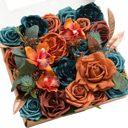 Vista 32 de Ling's moment Caja de Flores Falsas, Tallos de Vegetación Artificial Falsa Rosas de Espuma Dalia Hortensia de Seda Peonía Flor de Tela para Centros