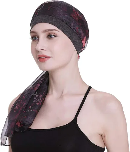 Vista 6 de Elegante gorro de quimioterapia con bufandas sedosas para mujeres con cáncer para pérdida de cabello