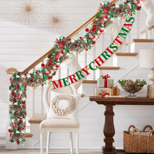 Vista 5 de Guirnalda de oropel de Navidad de 39 pies para decoración de árbol de Navidad, guirnalda metálica con purpurina y copo de nieve para colgar