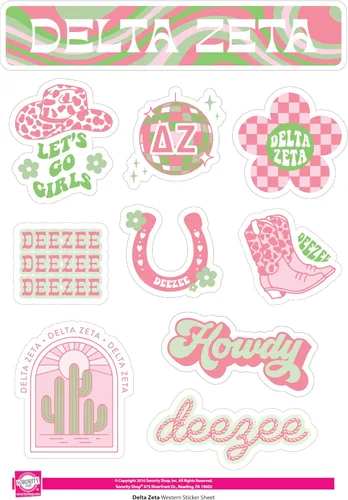 Vista 5 de Delta Zeta - Hoja de calcomanías de vinilo de diseño occidental con diseños oficiales, adhesivo extraíble, 10 calcomanías por hoja, por Sorority Shop