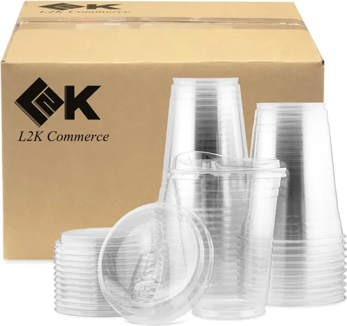 Vista 6 de L2K Tapas planas de plástico PET transparente con ranura para popote (paquete de 50) para 12, 16, 20, 24 onzas. Se adapta a vasos de plástico ultra