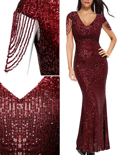 Vista 5 de Madam Uniq - Vestido formal de los años 20 para mujer, talla grande, con borlas y lentejuelas, vestido largo de noche de Gatsby