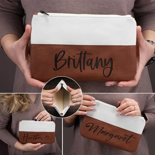 Vista 6 de Bolsa de maquillaje personalizada con nombre - Cuero vegano y lona, Borgoña