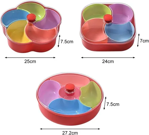 Vista 2 de Bandeja de plástico dividida para servir 5 compartimentos, bandeja para servir aperitivos con tapa y asa, platos reutilizables para servir