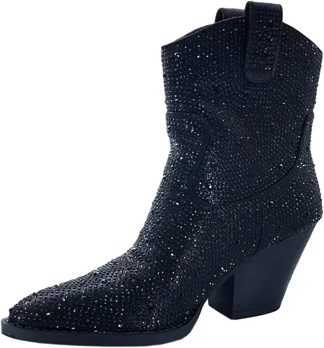 Vista 3 de ABSOLEX Botines de mujer vaquera occidental con punta puntiaguda con diamantes de imitación