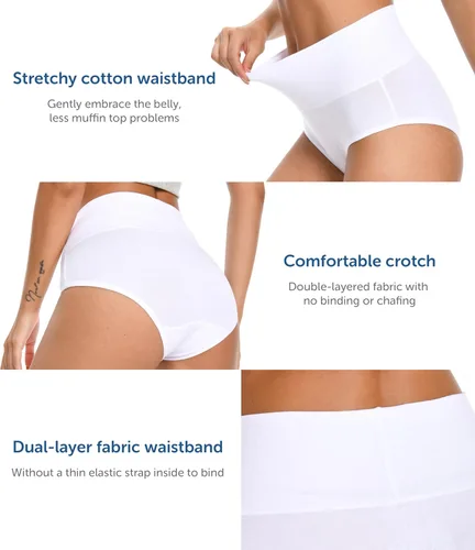 Vista 3 de Comfneat Paquete de 4 calzoncillos de cintura alta para mujer, ropa interior elástica de algodón y elastano