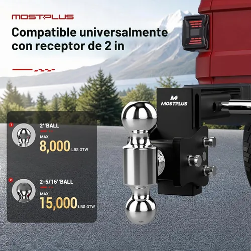 Vista 2 de MOSTPLUS Enganche de remolque, receptor de 2 pulgadas, montaje de bola doble con bolas de 2 pulgadas y 2-5/16 pulgadas, 8,000-20,000 libras GTW