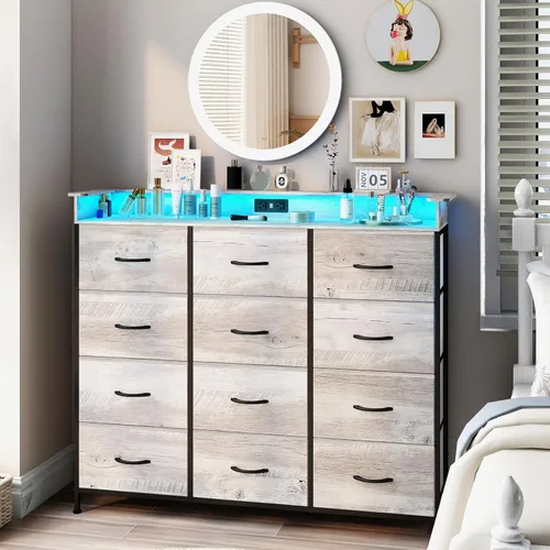 Vista 9 de Cómoda negra con luz LED, 12 cajones con estación de carga, cómoda para dormitorio con 12 cajones de tela para dormitorio, pasillo, entrada