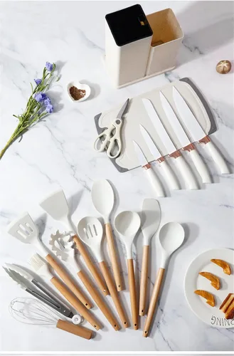 Vista 5 de Juego de utensilios de cocina y cuchillos de 19 piezas con bloque, 9 piezas de utensilios de cocina de silicona, 5 piezas afiladas de acero Beige