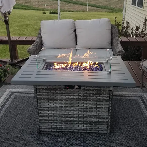 Vista 2 de LayinSun Mesa para fogata de gas propano de 44 pulgadas, 55000 BTU rectangular con protector de viento de vidrio para patio exterior, terraza