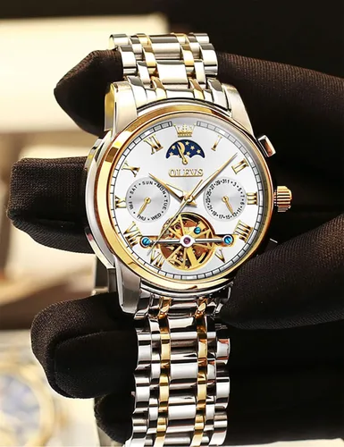 Vista 3 de OLEVS Relojes automáticos de cuerda automática para hombre, fecha y día, calendario, relojes de acero inoxidable, movimiento esquelético