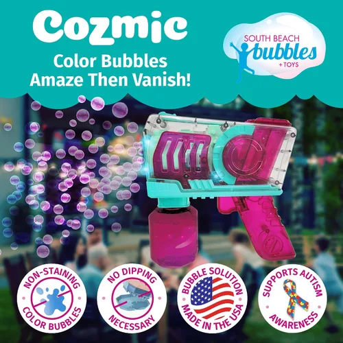 Vista 2 de PoppinColorz Cozmic - Pistola de burbujas de color con 1 rosa, 1 azul y 2 soluciones de burbujas transparentes, fabricado en los Estados Unidos,