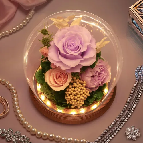 Vista 5 de GLAMOUR BOUTIQUE Mini flor preservada para árbol de Navidad en cúpula de cristal con luz, decoración de mesa de Navidad Flowers Forever de larga