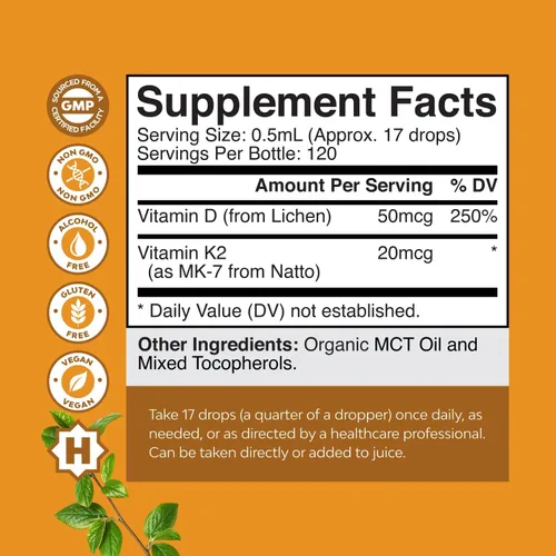 Vista 7 de Natures Craft Gotas Líquidas de Vitamina D3 con K2 para Adultos - Gotas Orgánicas 2000UI por Porción Vegano Apoyo Óseo Músculo Corazón y Sistema