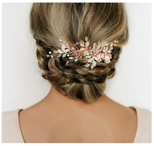 Vista 9 de SWEETV - Peineta de novia con diamantes de imitación, hecha a mano, diseño de flores 1: Oro rosa claro