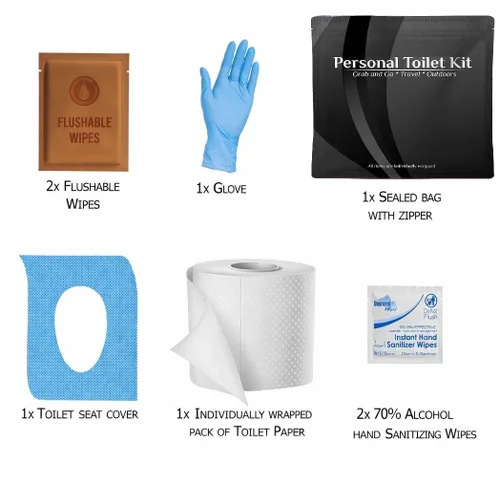 Vista 2 de Kit de inodoro personal para llevar, paquete de 10 unidades, kit de baño público desechable, envuelto individualmente para kit de protección