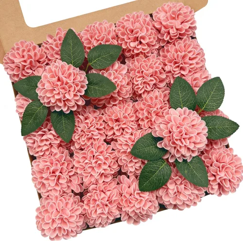 Vista 18 de Flores artificiales, 25 piezas, rosas artificiales realistas para ramos de novia, centros de mesa, arreglos, flores de Dalia negras con tallo