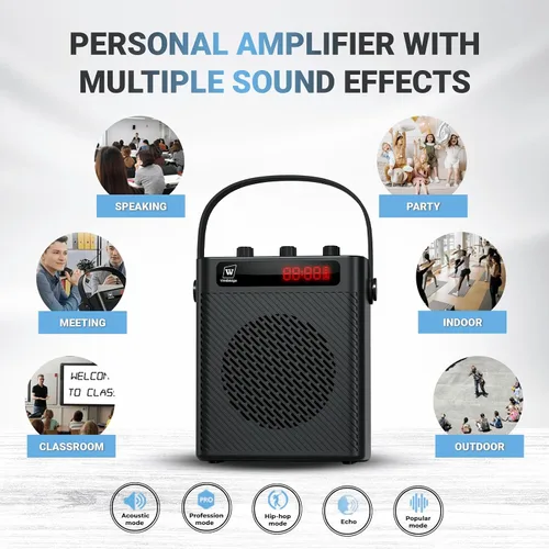 Vista 4 de Amplificador de voz Micrófono inalámbrico/micrófono de mano con 4 efectos de sonido S95 Rechargeable Portable Microphone and Speaker Set Wireless
