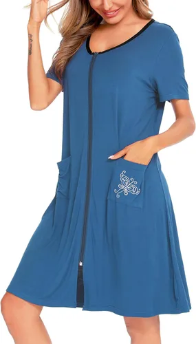 Vista 4 de SWOMOG Bata ligera con cremallera frontal para mujer, bata de baño ligera de manga corta con bolsillos