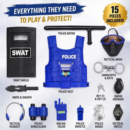 Vista 3 de Set de policía para niños, con máscara, chaleco, escudo, placa, esposas, granada, macana y cuchillo