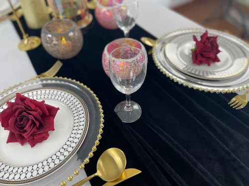 Vista 5 de Lujoso camino de mesa de terciopelo, decoraciones de recepción de boda de 10 pies, tela de terciopelo suave de 20 x 120 pulgadas, revestimiento
