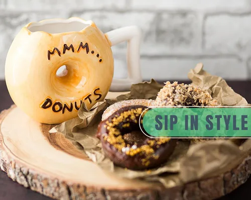 Vista 6 de Taza para café Comfify con bonito y divertido diseño de Dona, viene con frase en inglés «Mmmmm... Donuts», apta para microondas y lavavajillas