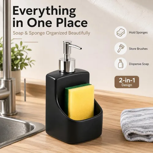 Vista 2 de Dispensador de jabón 2 en 1 con soporte para esponja, dispensador de jabón de cocina de cerámica con organizador integrado, organizador de fregadero