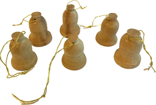 Vista 3 de Holy Land Market Adornos de Navidad de madera de olivo – Campanas colgantes hechas a mano para árbol, adornos de madera de la Tierra Santa