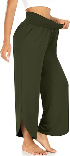 Vista 2 de TARSE Pantalones de pierna ancha para mujer, pantalones de yoga de cintura alta cruzada, pantalones casuales para descansar, pantalones de pijama