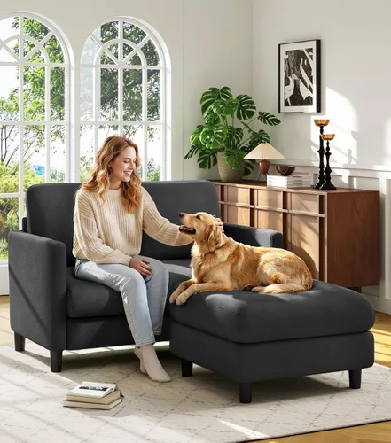 Vista 32 de Welzona Loveseat, 51" Small L Shaped Couch, Comfy Teddy Love Seat with Ottoman Set, Tool-Free Setup Loveseat Sofa with Ottoman, All-Wood Small Sofa